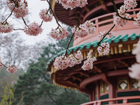 樱花盛开塔影现