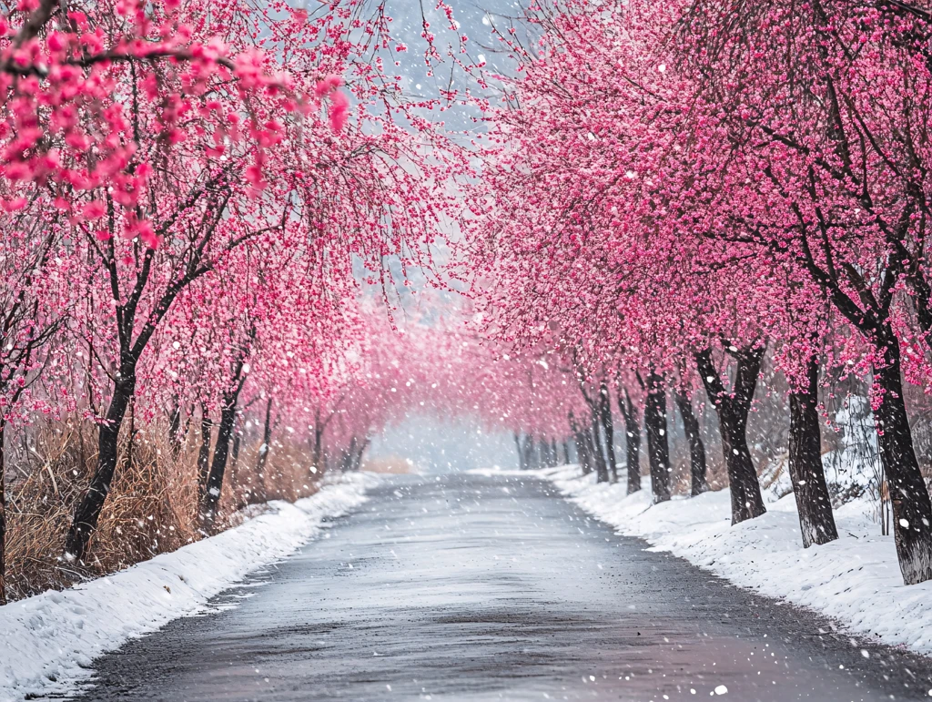 一排红梅树绽放