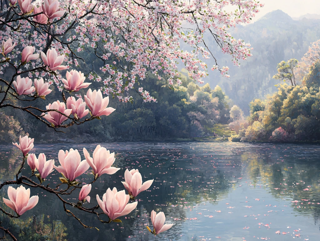 花瓣飘落山水画