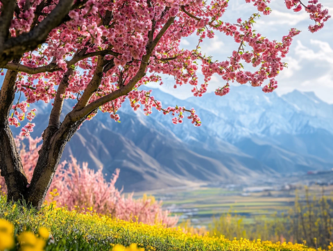 油菜田边的桃树