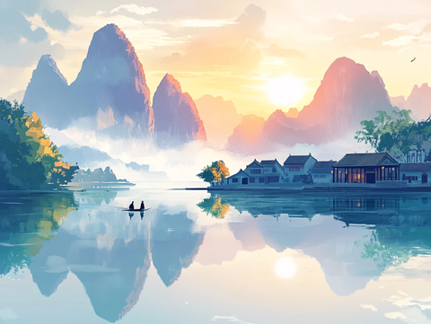 广西大学插画水墨山水