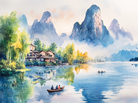 广西水彩山水意境
