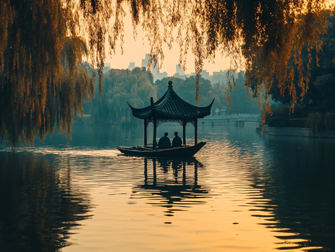 西湖船影夕照图