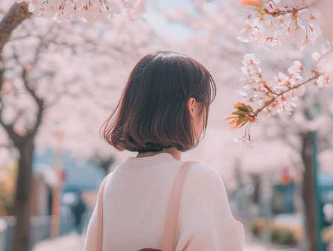 樱花少女背影