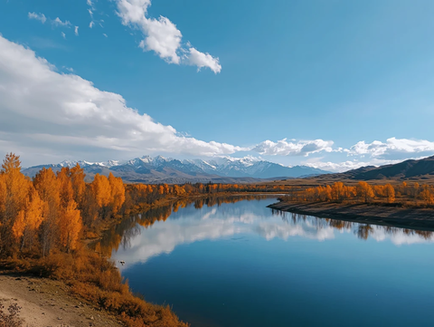 蓝色湖水金色胡杨雪山