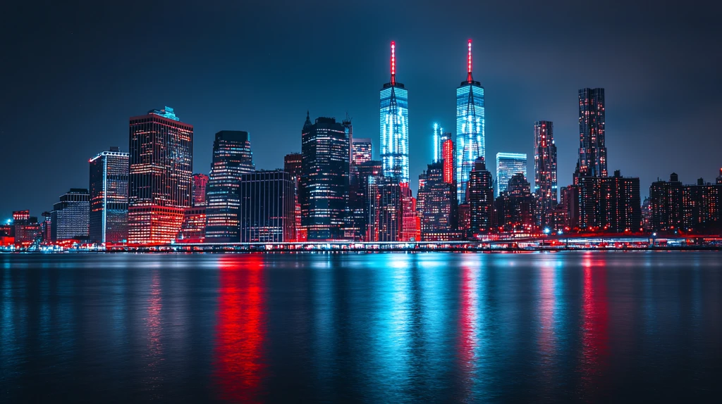 湖边高楼霓虹夜色