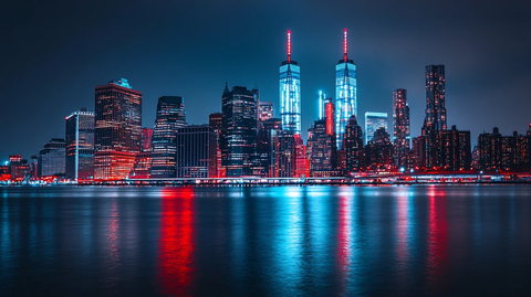 湖边高楼霓虹夜色