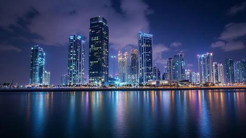 夜幕下的海边繁华都市