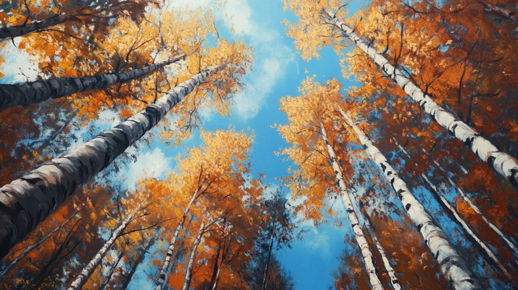 仰拍金色白桦林