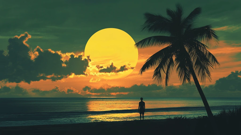 夕阳下大海边男人剪影