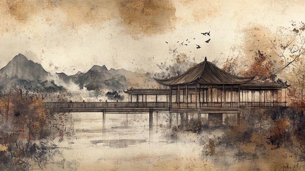 插画横店水彩水墨山水