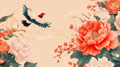 牡丹喜鹊图插画