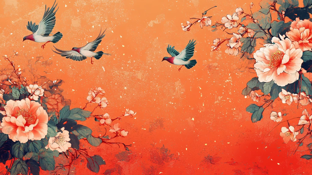 新中式手绘红色花鸟