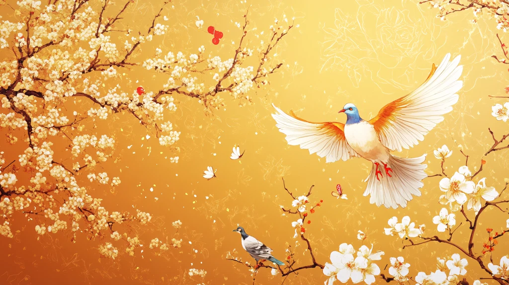 中式樱花花鸟图