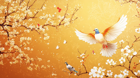 中式樱花花鸟图