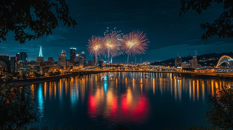 烟花映照城市夜空
