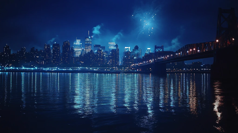 烟花映照城市河流
