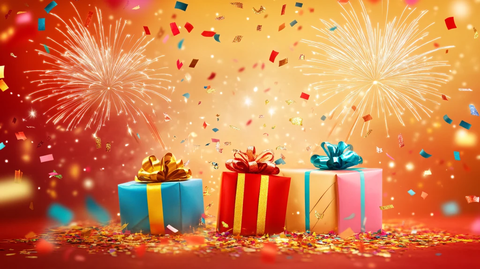 红飘带礼盒烟花楼群