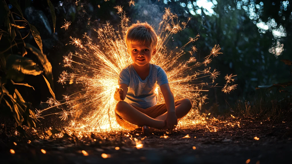 夕阳下玩耍的小男孩