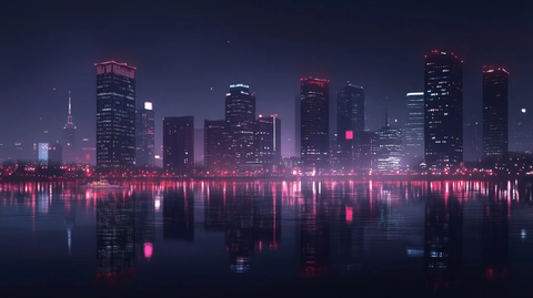 湖边高楼霓虹夜色