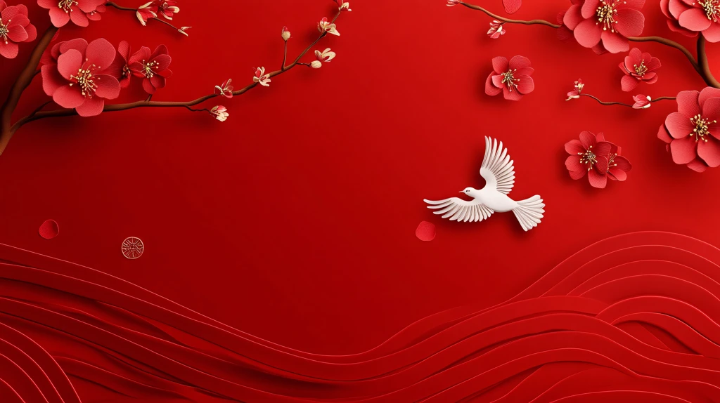 新中式手绘红色花鸟