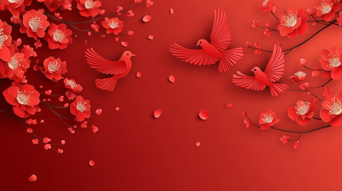 新中式手绘红色花鸟