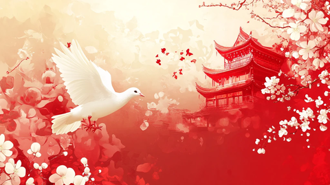 手绘建筑花鸟背景