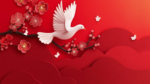 新中式手绘红色花鸟