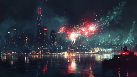 城市夜景烟花倒影