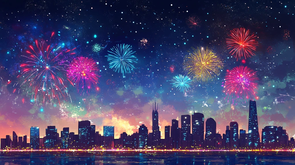 烟花映照城市夜空