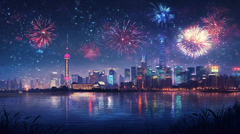 烟花映照城市夜空