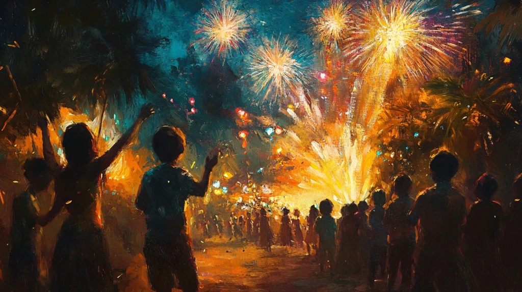 看着烟花欢呼的人群