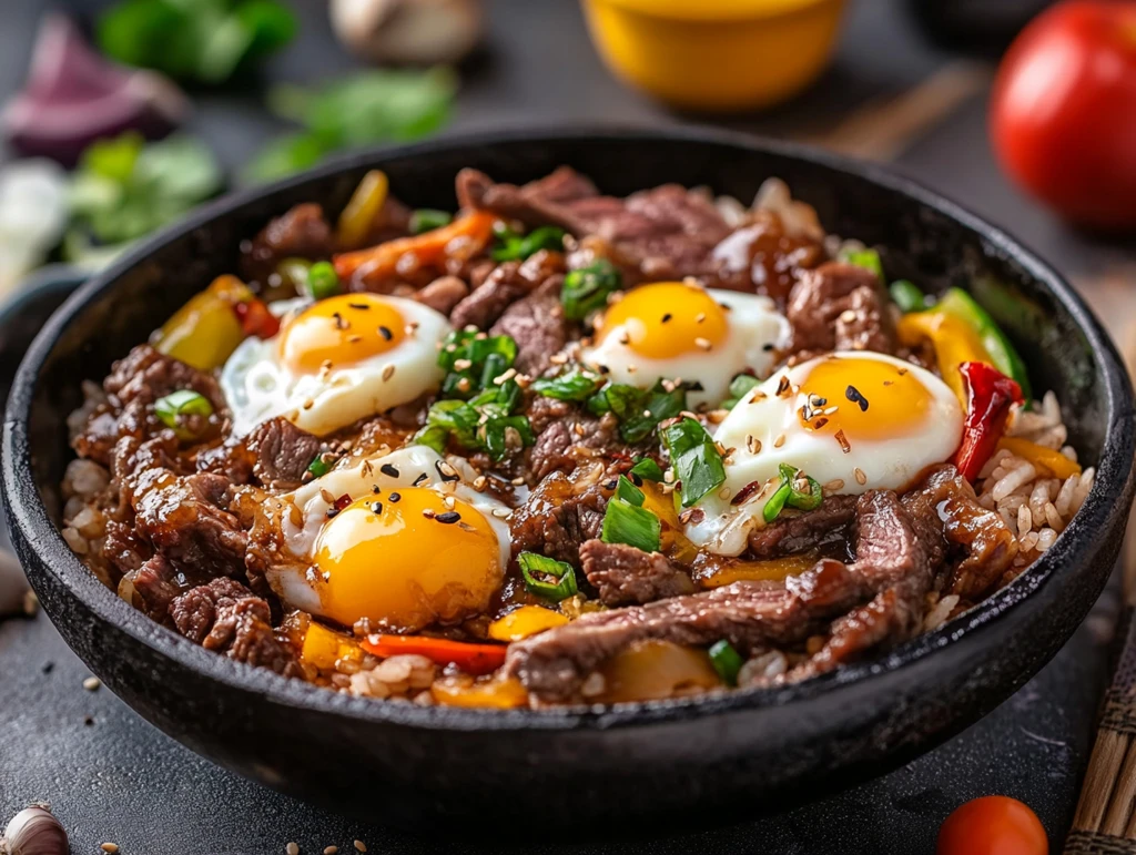 石锅牛肉窝蛋饭