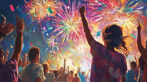看着烟花欢呼的人群