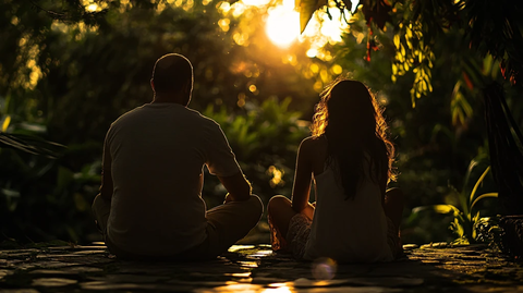 夕阳下情侣的背影