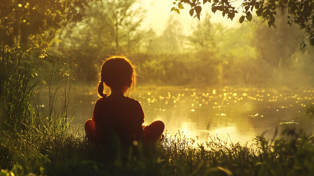 霞光中的小女孩