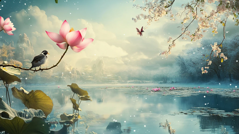 荷花飞鸟山水