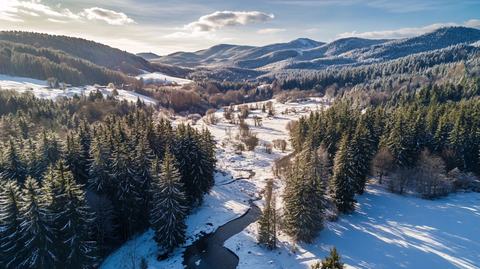 山谷雪后鸟瞰航拍景色