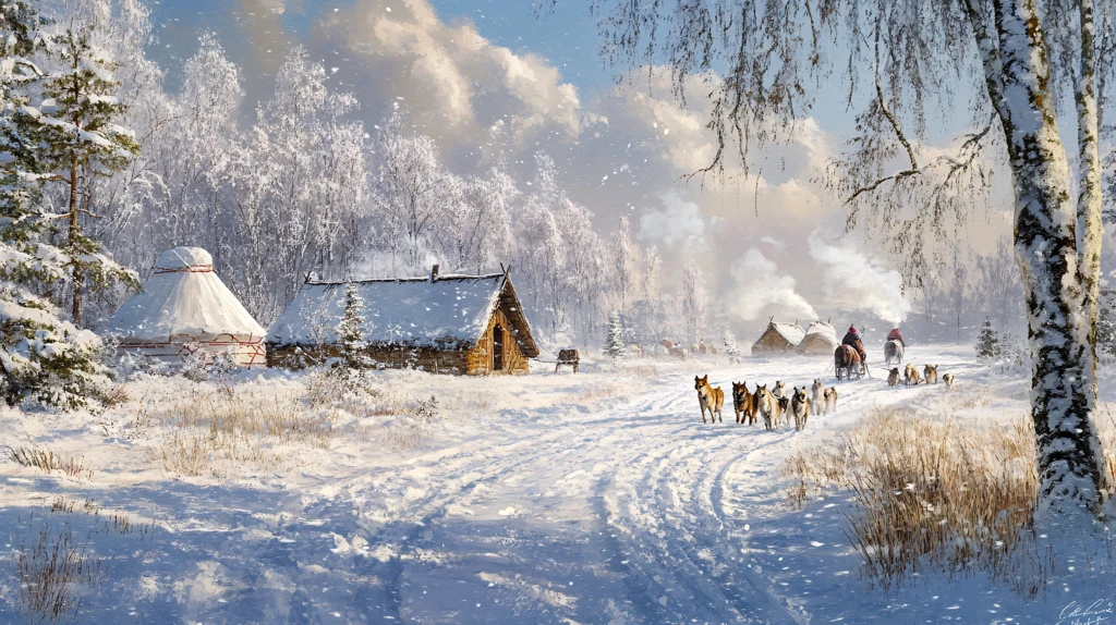 雪地骏马白桦林