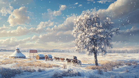 冬季草原马群蒙古包