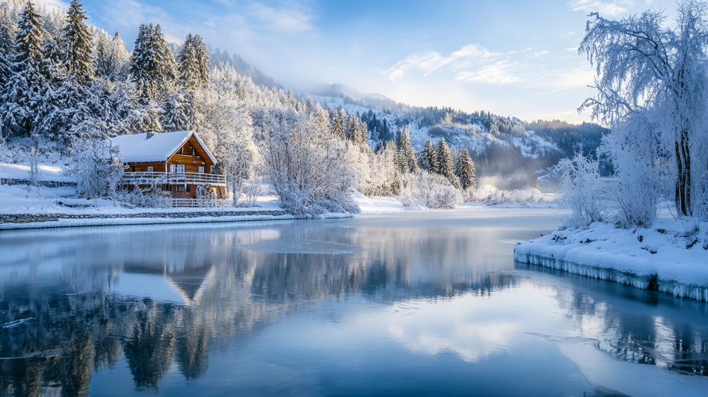 唯美冬日湖景清晨