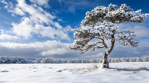 积雪覆盖草原一棵松树