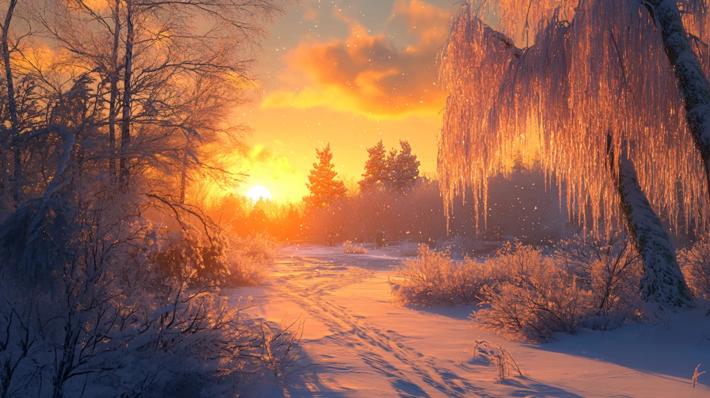 冬天森林夕阳雪景