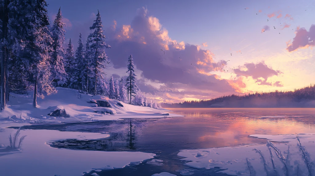 唯美冬日湖景清晨