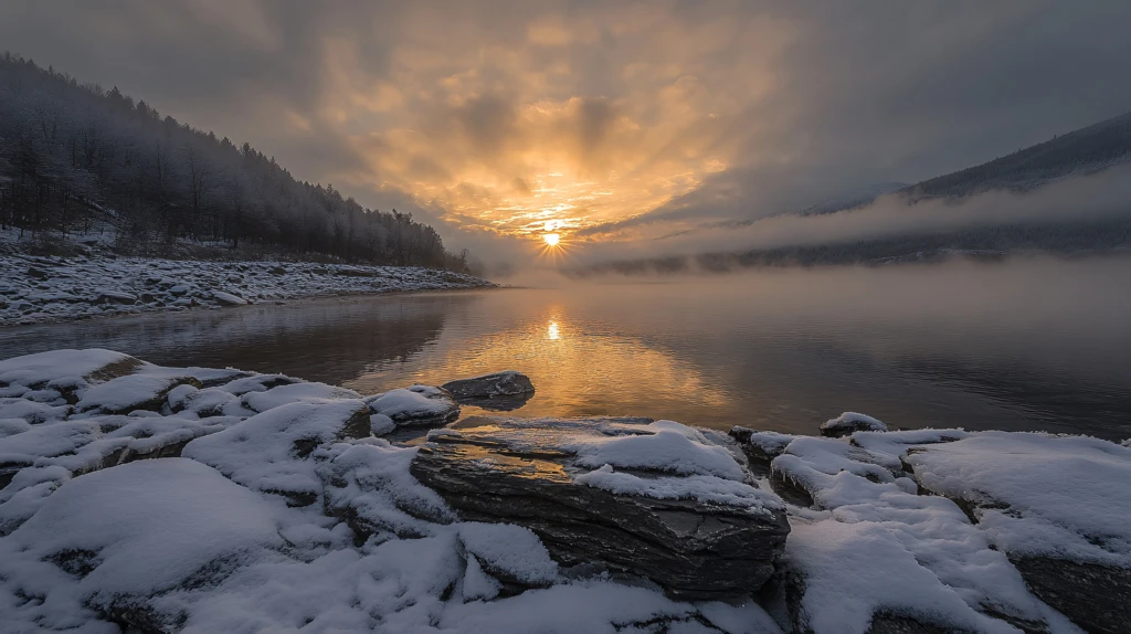 冰雪河流晨雾日出