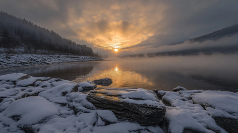 冰雪河流晨雾日出