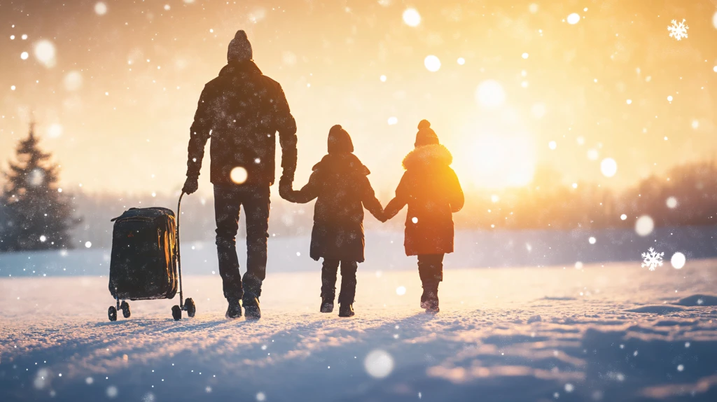 雪地上散步的父女