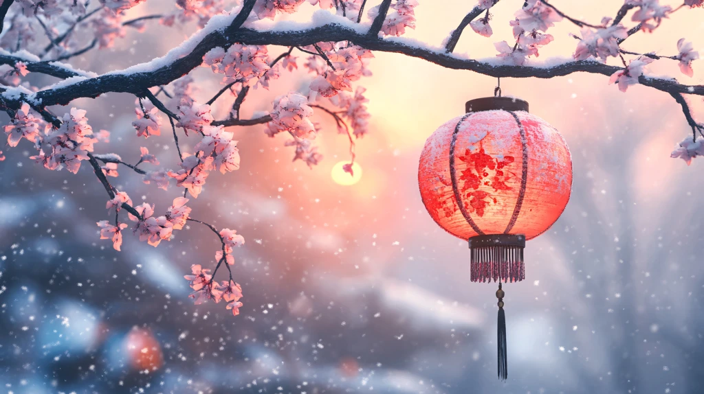 飘雪雪花雪景灯笼