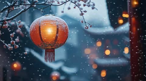 飘雪雪花雪景灯笼