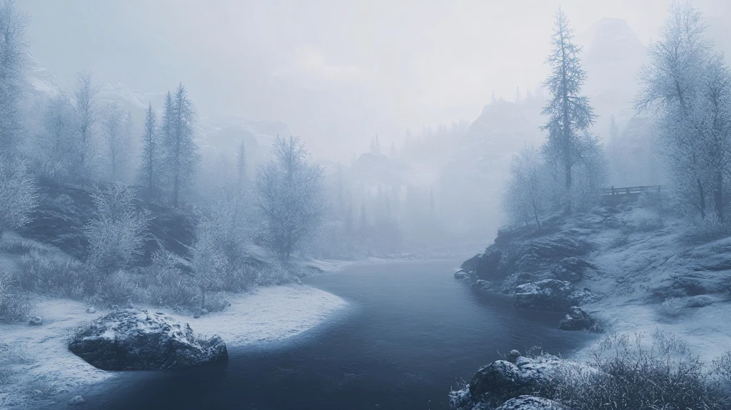 蓝色调白桦林晨雾河流